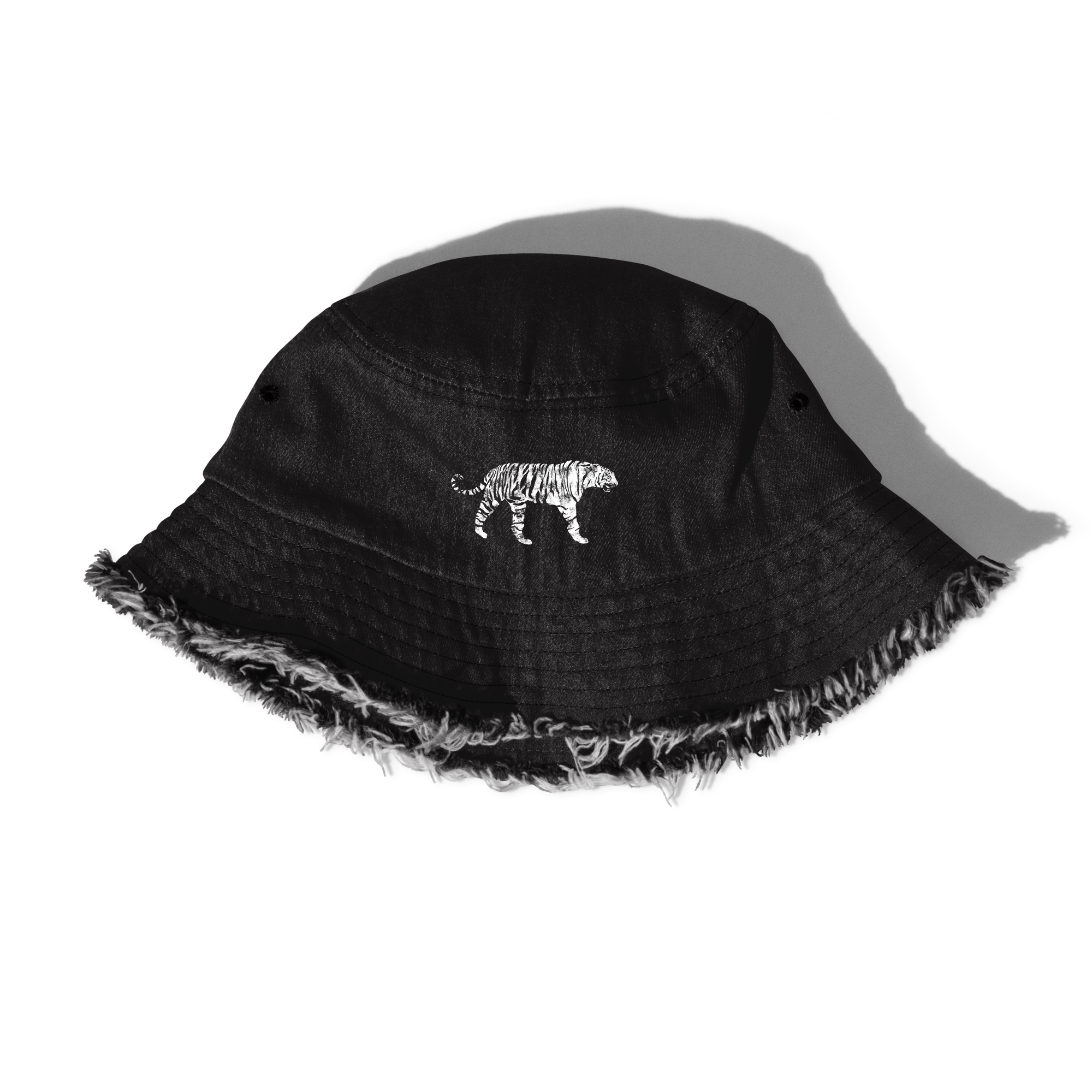 White Tiger Distressed Denim Bucket Hat
