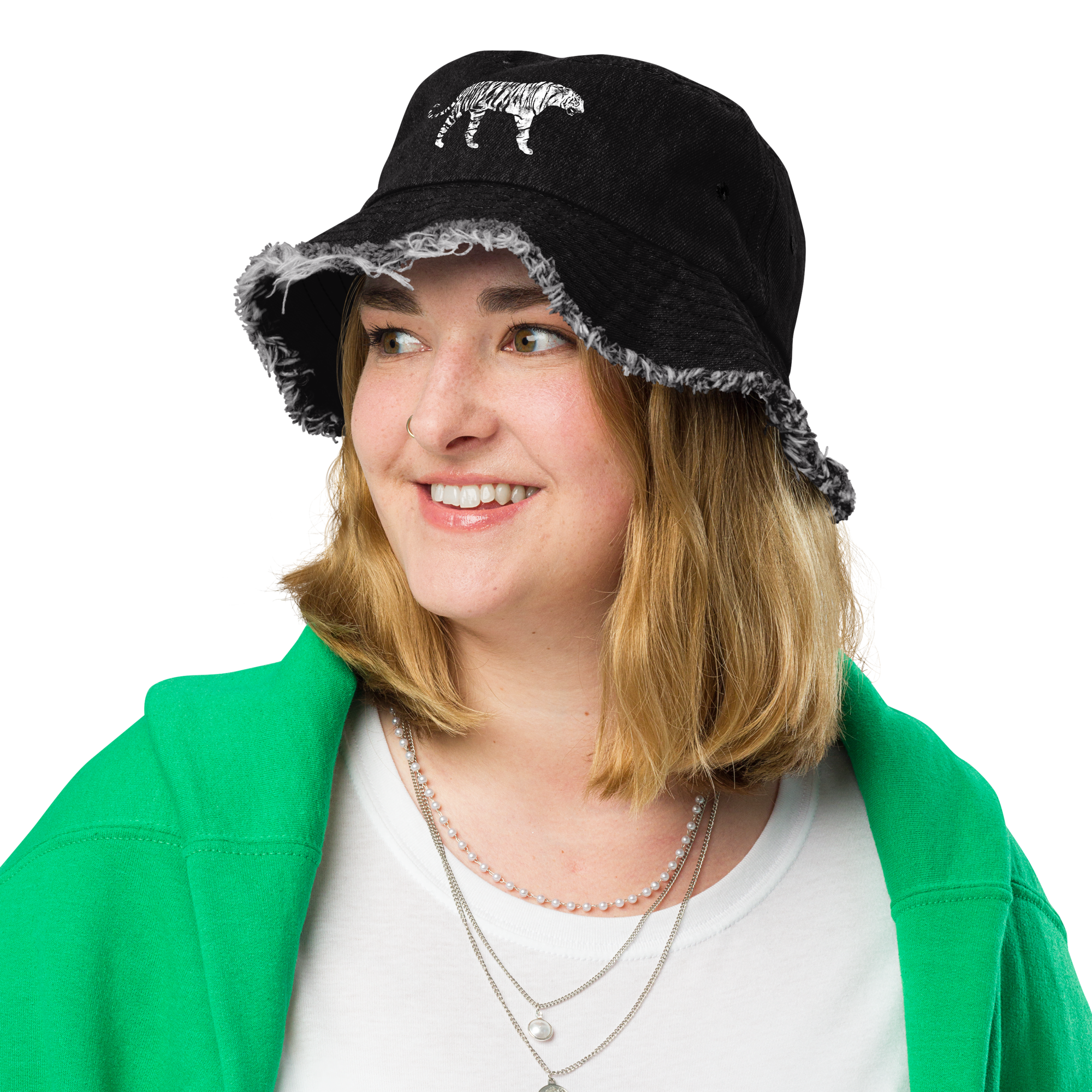 White Tiger Distressed Denim Bucket Hat