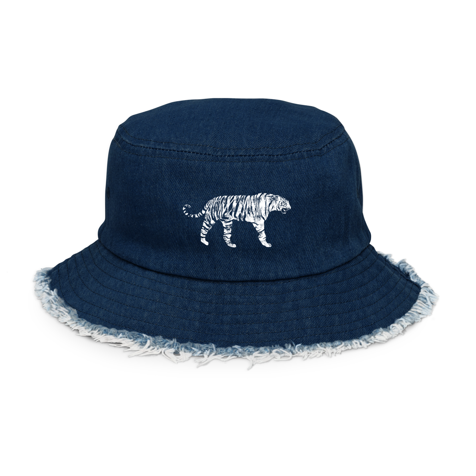 White Tiger Distressed Denim Bucket Hat