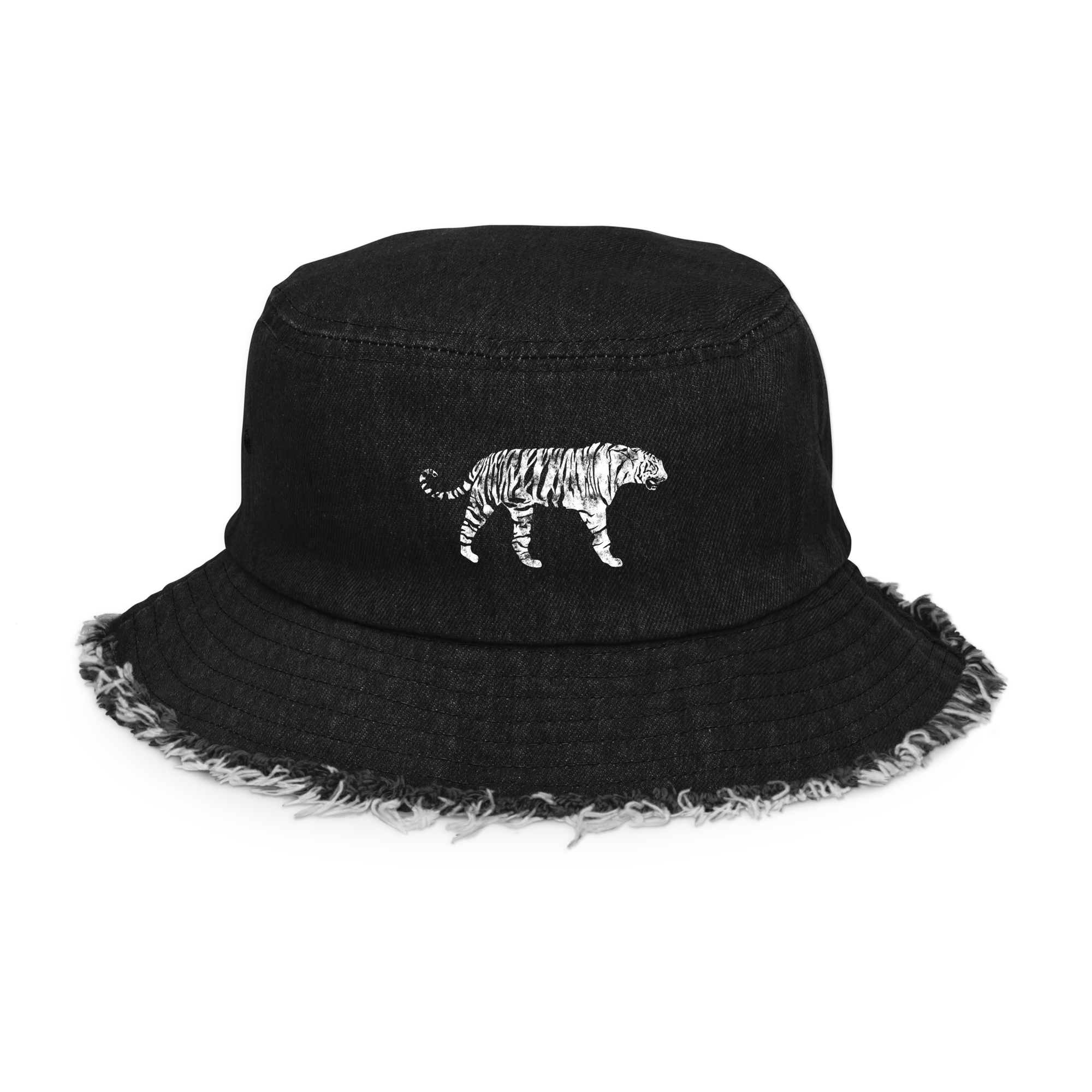 White Tiger Distressed Denim Bucket Hat